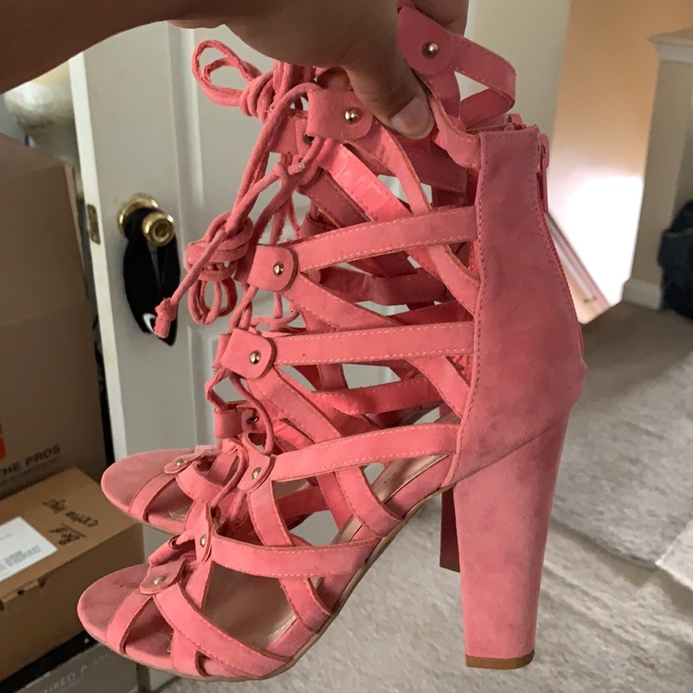 Pink suede tie up heel